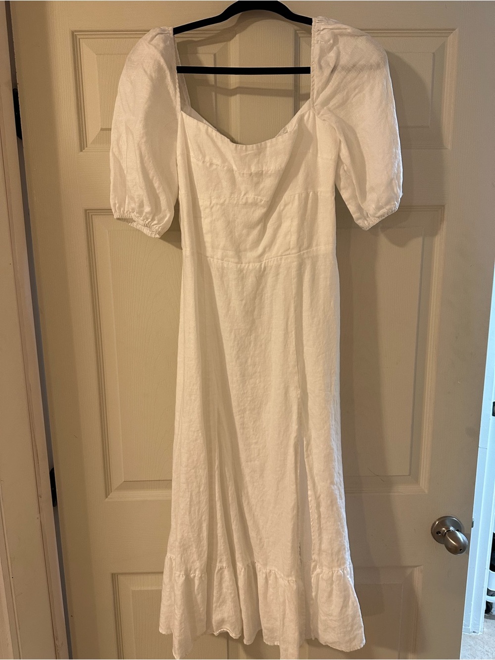 Reformation Belgium White Puff-Sleeve Linen Midi Dress